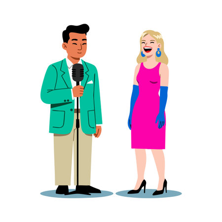 Man in teal jacket and beige pants sings into microphone while woman in pink dress and blue gloves laughs happily, cheerful mood.のイラスト素材