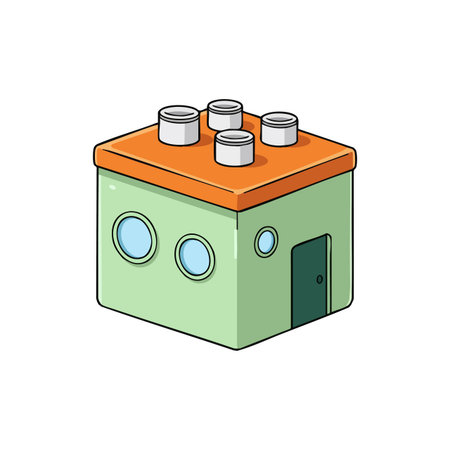 This vector shows a toy building block house with an orange roof and green walls, featuring circular windows and chimney stacks. Playful and bright.のイラスト素材