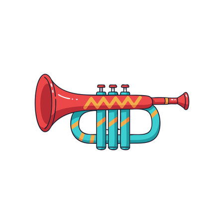 This colorful trumpet features a red bell and blue tubing with decorative yellow zigzag patterns, representing lively musical entertainment. Cheerful mood.のイラスト素材