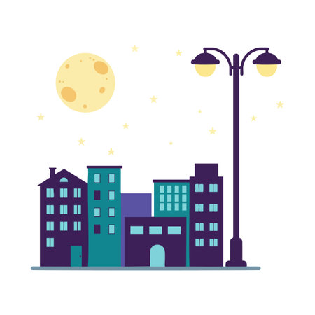 Vector illustration shows urban cityscape with tall buildings, glowing street lamp, full moon, and stars during night. Calm and peaceful mood.のイラスト素材