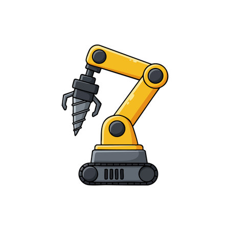 Illustration of an industrial robotic arm equipped with a drill, designed for automation in construction and manufacturing, shown in yellow and black. Modern.のイラスト素材