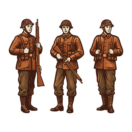 Vector shows three World War soldiers in brown uniforms and helmets standing with rifles in a historical military style. Classic and serious mood.のイラスト素材