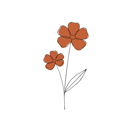 Vector illustration of two orange flowers on a single stem with a leaf in minimalist line art style, clean and elegant, calm mood.のイラスト素材
