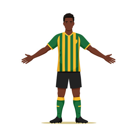 Male soccer player stands confidently with arms open wearing green and yellow striped jersey and black shorts in a vector style. Energetic mood.のイラスト素材