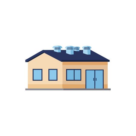 Vector image of an industrial factory building featuring a dark roof and three chimneys, designed with a minimalist flat style, clean and professional.のイラスト素材