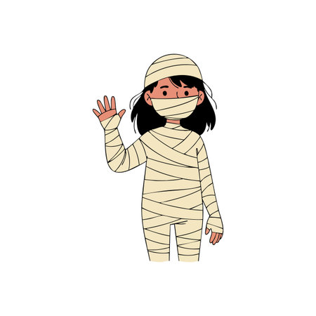 Vector illustration of a child in mummy costume waving with wrapped bandages, Halloween theme, minimal background, playful and friendly mood.のイラスト素材