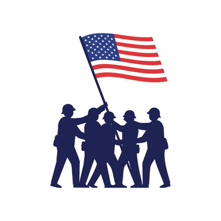 Vector shows American soldiers in silhouette raising the United States flag, symbolizing patriotism and unity in a bold style. Inspirational mood.のイラスト素材