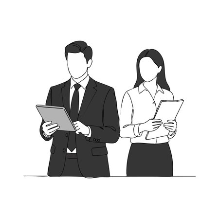 Vector illustration of faceless businessman and businesswoman holding digital tablet and documents, working collaboratively in office environment, professional mood.のイラスト素材