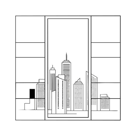 This vector features a modern city skyline seen through a large window in black and white with clean lines and minimalistic style, calm mood.のイラスト素材