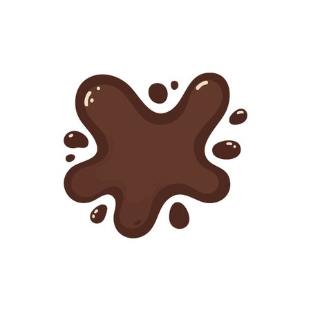 This vector shows a brown chocolate splash with glossy highlights and drip effects, ideal for food or dessert design projects, playful and rich.のイラスト素材