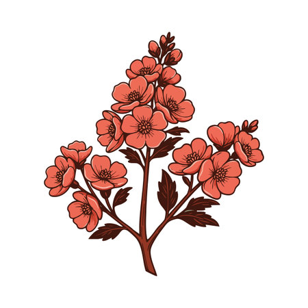 Vector illustration shows a red flowering branch with multiple blossoms and leaves in detailed style, suitable for botanical design, elegant mood.のイラスト素材