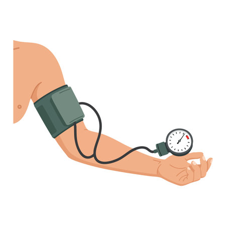 Vector shows arm with blood pressure cuff and gauge measuring systolic and diastolic pressure in a clean medical style calmのイラスト素材
