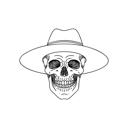 This vector depicts a detailed skull wearing a wide brim hat in black and white with a vintage line art style. Mysterious and classic mood.のイラスト素材
