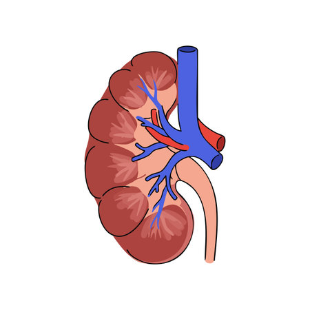 This vector depicts a human kidney with detailed renal blood vessels and urinary structures in clear style, educational and informative mood.のイラスト素材
