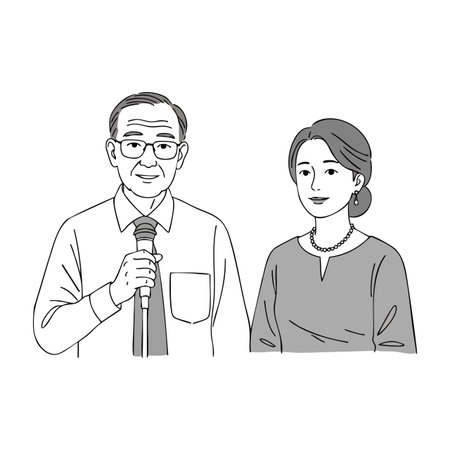 Elderly man holding microphone and middle aged woman standing next to him, communicating in a calm and composed manner. Professional mood.のイラスト素材