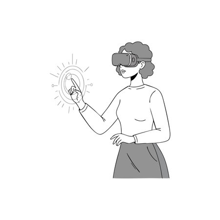 Woman uses virtual reality headset to interact with a glowing digital interface, demonstrating futuristic technology in a minimalist style, inspiring.のイラスト素材