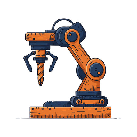 This vector shows an industrial robotic arm equipped with a drill tool performing precise automated manufacturing tasks in a factory environment, technical and efficient mood.のイラスト素材