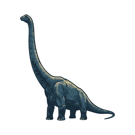 Brachiosaurus dinosaur stands tall with an elongated neck and tail in detailed vintage vector style illustration, evoking prehistoric era mood.のイラスト素材