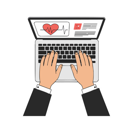 Illustration shows hands typing on a laptop with a heart rate monitor on screen representing digital health and medical technology, modern and professional.のイラスト素材