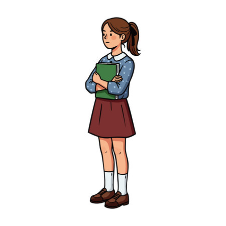 Illustration shows a girl student standing with books in casual clothes, looking thoughtful and confident. The mood is calm and focused.のイラスト素材