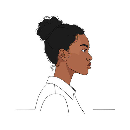 Vector shows side profile of a young woman with dark hair tied in a bun wearing a white shirt, presenting calm and focused expression. peaceful moodのイラスト素材