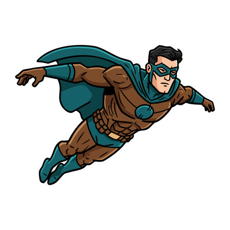 Superhero flies forward with determined expression wearing teal and brown suit and mask in vector style energetic moodのイラスト素材