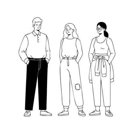 Illustration shows three young adults standing together in casual outfits with relaxed postures and neutral expressions, simple monochrome style, calm mood.のイラスト素材