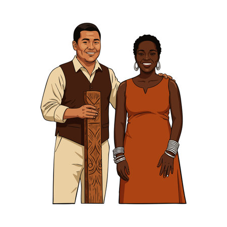 Illustration shows a diverse couple smiling and standing close while holding a wooden carved art piece in casual attire. Friendly and warm mood.のイラスト素材