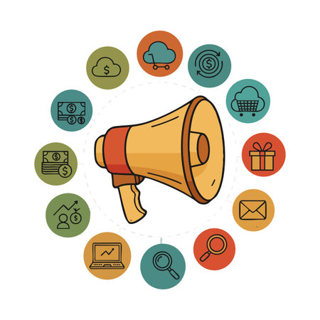 Vector illustration showing a megaphone surrounded by business and finance icons representing marketing and digital promotion in a clear style, optimistic mood.のイラスト素材