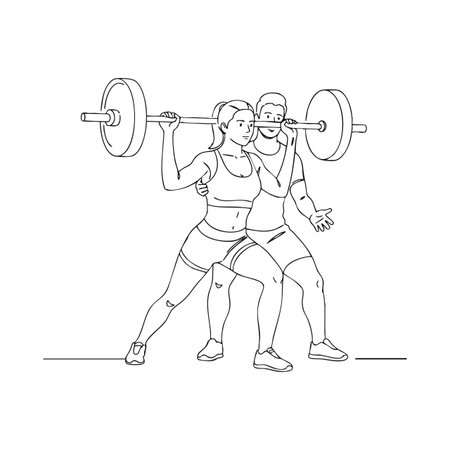 Woman performs barbell exercise under trainer guidance in gym environment, showing fitness and determination. Motivational and focused mood.のイラスト素材