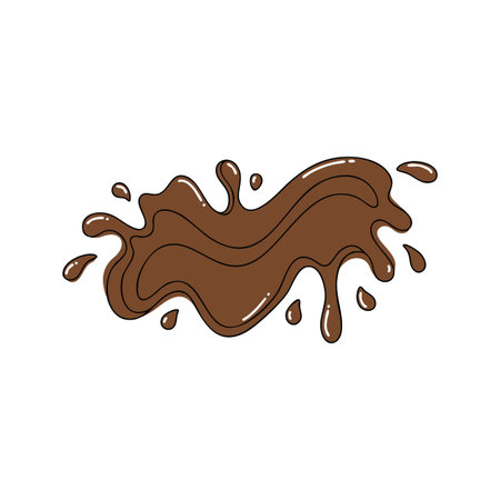 This vector shows a smooth brown chocolate splash with droplets in motion, perfect for food and dessert design projects. Energetic and rich.のイラスト素材