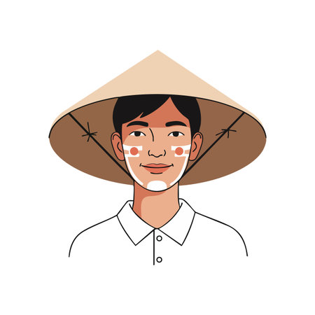 Young Asian boy wears a traditional conical hat and facial cream, smiling gently in a minimal vector style, conveying calm and warmth.のイラスト素材