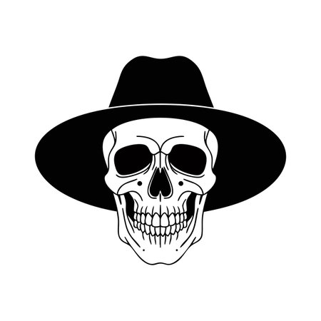 This vector image shows a skull with hollow eyes and a black wide brimmed hat in black and white, perfect for gothic or Halloween themes, eerie mood.のイラスト素材