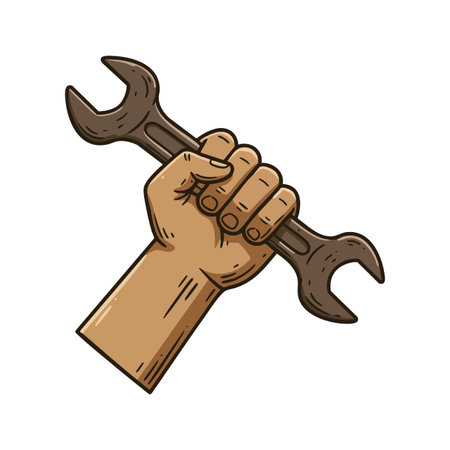 Illustration shows a strong hand gripping a rusty wrench tool symbolizing repair and mechanical work in a bold style. Motivational.のイラスト素材