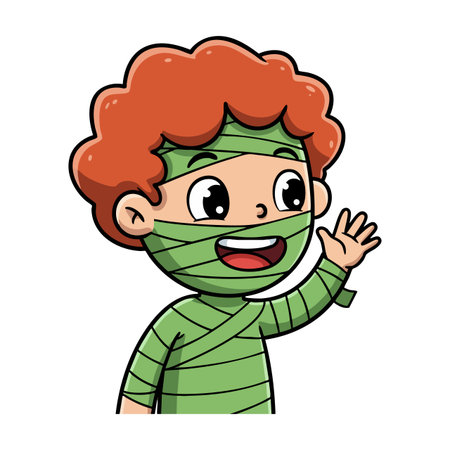 Vector image of happy child in green mummy costume with curly orange hair waving hand, smiling brightly in cheerful mood.のイラスト素材