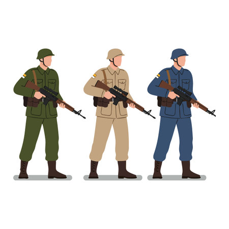 Three soldiers stand holding rifles wearing green, beige, and blue military uniforms in a flat vector style. The mood is serious and disciplined.のイラスト素材
