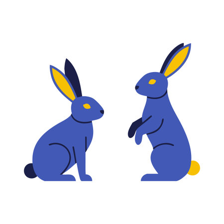 Vector image shows two blue rabbits, one sitting and one standing, with yellow ears and eyes in a minimalistic style. Calm and playful.のイラスト素材