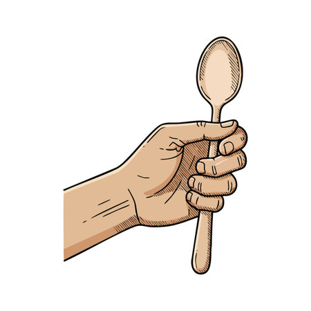 This vector illustration shows a hand gripping a wooden spoon in sketch style, emphasizing kitchen tools and cooking themes with detailed line art. Calm mood.のイラスト素材