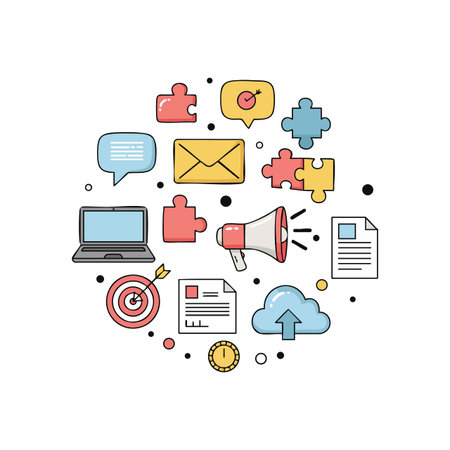 Vector illustration showing digital marketing and communication icons including laptop, cloud upload, megaphone, and documents in soft pastel colors. Informative and modern mood.のイラスト素材
