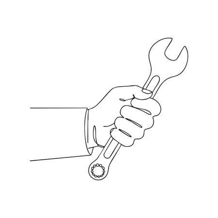 This vector shows a hand gripping a wrench tool, symbolizing repair or maintenance work in a clean line art style, practical and professional mood.のイラスト素材