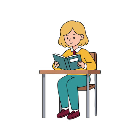 This vector shows a girl sitting at a school desk reading a book with calm focus and casual clothing, creating a peaceful learning scene.のイラスト素材