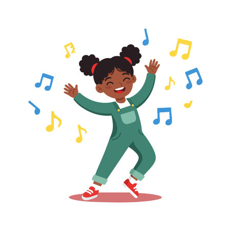 A joyful young girl dancing with raised hands surrounded by colorful music notes, expressing happiness and energy in a lively scene.のイラスト素材