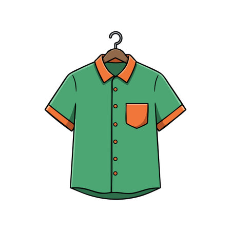 Vector illustration of a green short sleeve shirt with orange collar, cuffs, and pocket hanging on a wooden hanger, simple and colorful design.のイラスト素材