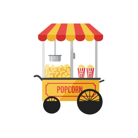 Vector illustration of a popcorn cart with two cups of popcorn and striped canopy, representing food vending and snack enjoyment, bright and cheerful.のイラスト素材