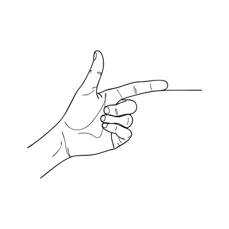 Illustration shows a hand with index finger extended in a pointing gesture using clean thin lines, conveying direction and attention, minimal style, calm mood.のイラスト素材