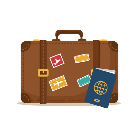 This vector illustration shows a brown travel suitcase with colorful stickers and a passport, symbolizing vacation and tourism, in a cheerful mood.のイラスト素材