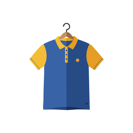 This vector shows a blue polo shirt with yellow sleeves and collar hanging on a wooden hanger, representing casual clothing style, modern and simple.のイラスト素材
