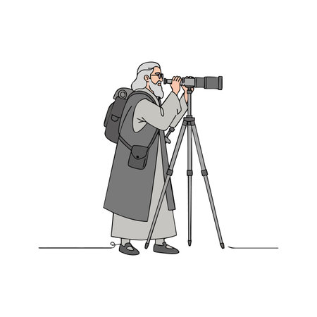 Elderly man with gray hair and beard uses professional camera on tripod, wearing long coat and backpack, focused on photography, calm mood.のイラスト素材