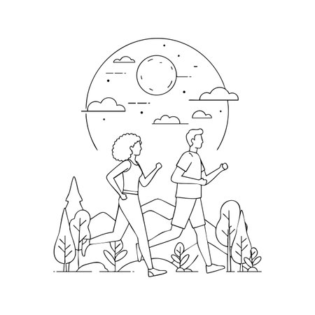Vector line art showing man and woman jogging outdoors with mountains and sun in background in a calm and active mood.のイラスト素材
