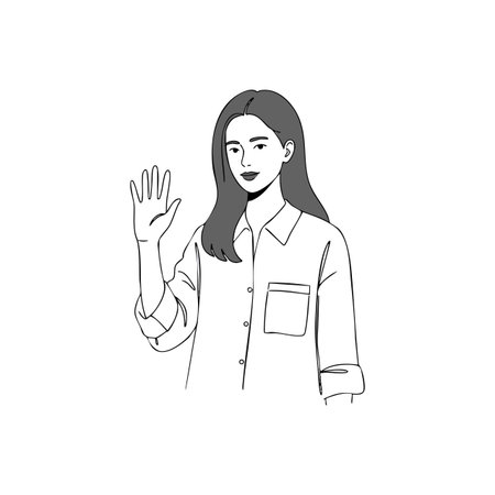Illustration of a young woman with long hair waving her hand in a friendly gesture, dressed casually, simple black and white style calm mood.のイラスト素材